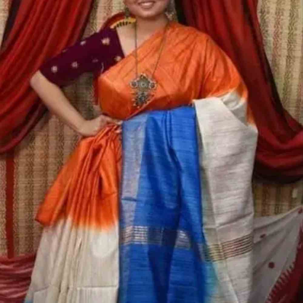 Tussar Ghicha Saree with Triple Dye Silk and Jari Border in Orange, White, and Blue